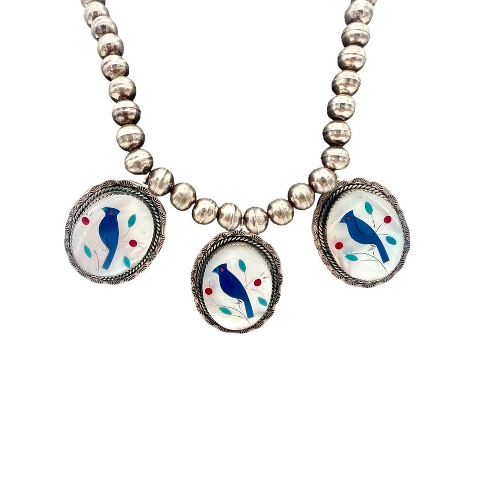 Vintage/Antique Native American Zuni Necklace Blue Bird Sterling Silver Bead - Picture 3 of 10